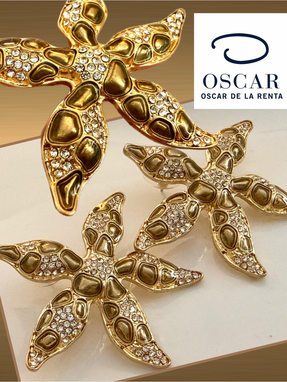 Oscar de la Renta Golden Starfish Enamel & Sparkling Crystal Earrings ✨ Pierced